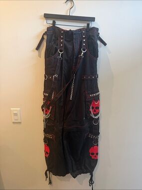 TRIPP NYC Black Cargo Gothic Skull Pants with Red Accents